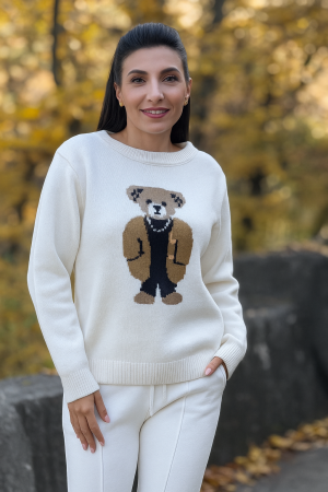 Bluze - Blluza dama crem tricotata cu imprimeu ursulet