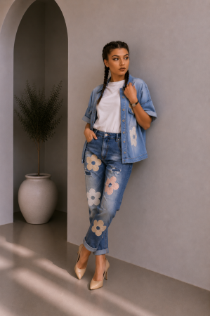 Colectia NOUA - Blugi dama albastri cu broderie florala colorata