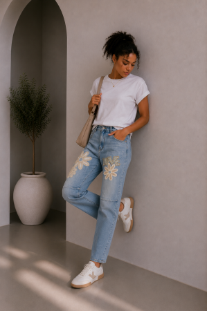 Pantaloni si blugi - Blugi dama albastri cu flori bodate