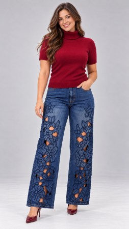 Pantaloni si blugi - Blugi dama evazati cu broderie florala si decupaje