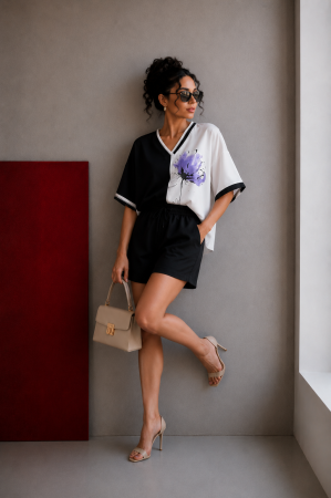 Tricouri si topuri - Bluza cu maneca scurta alb-negru