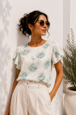 Imbracaminte dama - Haine cu suflet - Bluza dama alba cu maneca scurta si imprimeu floral verde