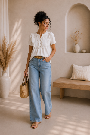 Bluze - Bluza dama alba din bumbac cu insertii din dantela