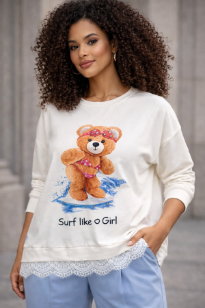 Colectia NOUA - Bluza dama alba din bumbac cu ursulet si dantela