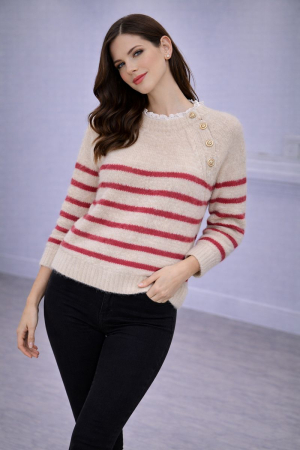 Imbracaminte dama - Haine cu suflet - Bluza dama bej cu dungi roz si guler din dantela