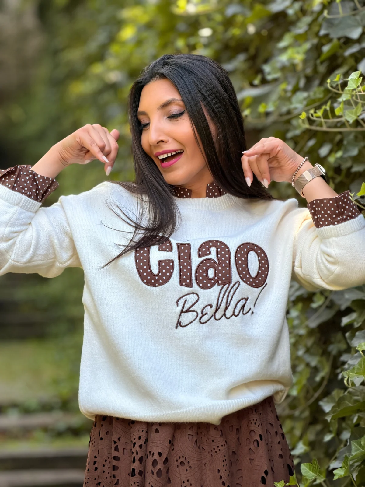 Noutati - Bluza dama bej cu imprimeu CIAO BELLA