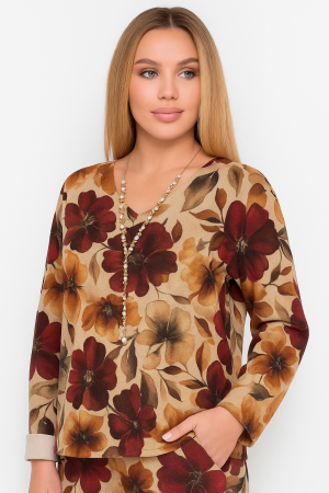 Noutati - Bluza dama bej cu imprimeu flori bordo