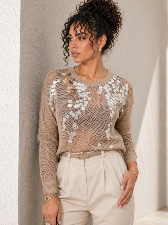 Bluze - Bluza dama bej perforata cu aplicatii paiete