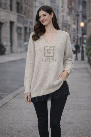 Bluze - Bluza dama bej tricotat cu anchior si pietricele aplicate