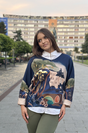 Bluza dama bleumarin cu imprimeu artistic si accente aurii [1]