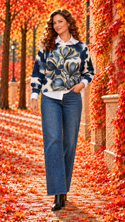 Colectia NOUA - Bluza dama bleumarin cu imprimeu floral auriu