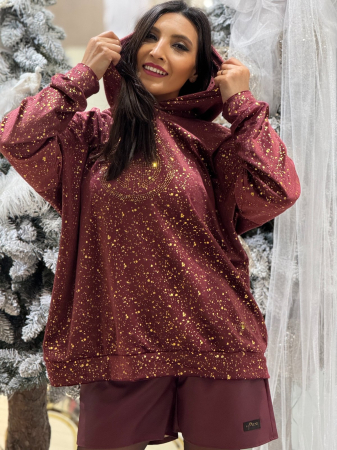 Bluze - Bluza dama bordo cu imprimeu auriu si pietricele