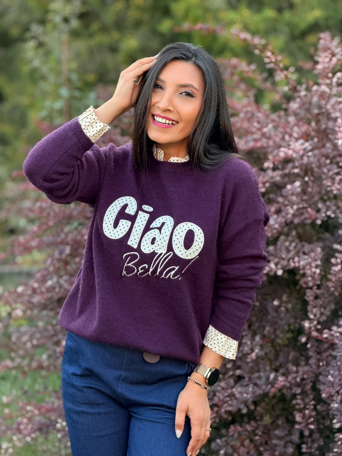 Noutati - Bluza dama bordo cu imprimeu CIAO BELLA