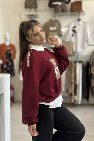Bluza dama bordo cu imprimeu ursulet [3]
