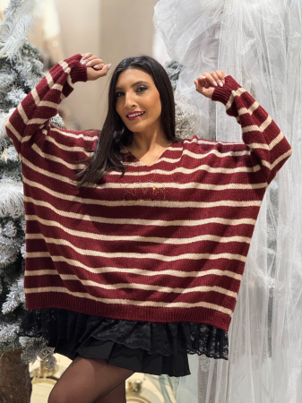 Bluza dama bordo tricotata cu dungi bej, anchior si aplicatii din pietricele [6]