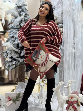 Bluza dama bordo tricotata cu dungi bej, anchior si aplicatii din pietricele [4]