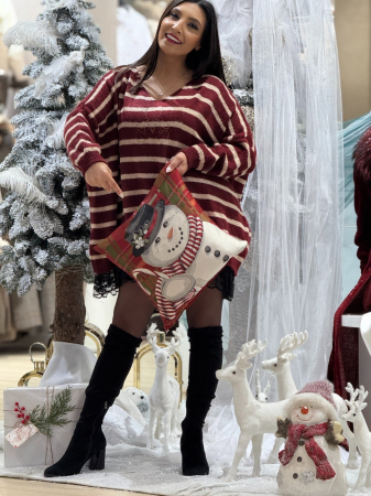 Bluza dama bordo tricotata cu dungi bej, anchior si ursulet din pietricele [3]