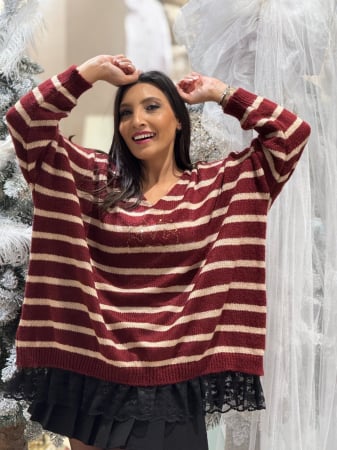 Bluze - Bluza dama bordo tricotata cu dungi bej, anchior si ursulet din pietricele