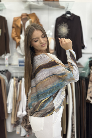Bluza dama cu maneci tip fluture cu imprimeu marmurat si accente turcoaz [2]