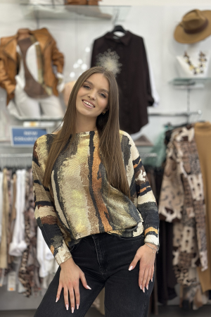 Bluza dama cu maneci tip fluture maro cu negru si auriu [1]