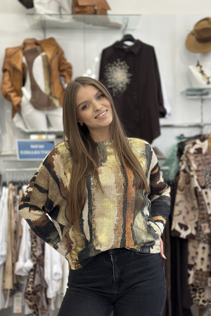 Colectia de TOAMNA - Bluza dama cu maneci tip fluture maro cu negru si auriu