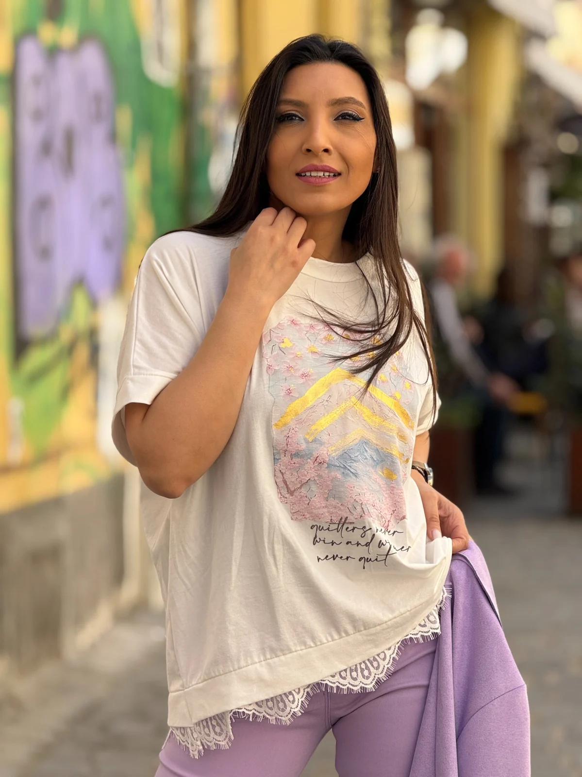 Colectia NOUA - Bluza dama din bumbac cu dantela si imprimeu flori de cires