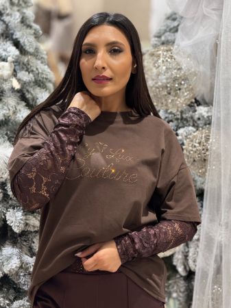 Bluze - Bluza dama maro din bumbac cu maneci din dantela