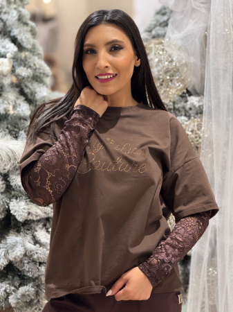 Bluza dama maro din bumbac cu maneci din dantela [4]