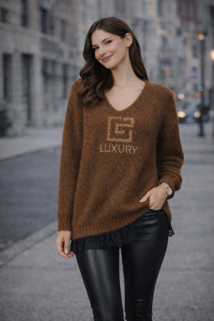 Bluze - Bluza dama maro tricotat cu anchior si pietricele aplicate