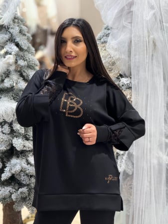 Bluze - Bluza dama neagra cu dantela la maneci si aplicatii pentricele BB