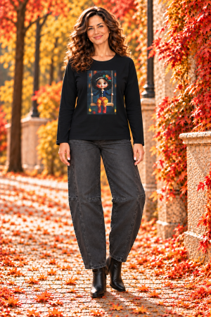 Colectia NOUA - Bluza dama neagra cu imprimeu fetita pe leagan