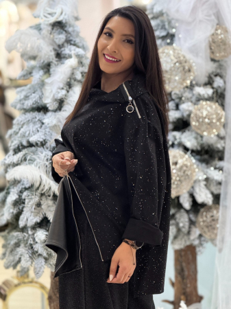 Bluza dama neagra cu sclipici si detaliu asimetric din piele [3]