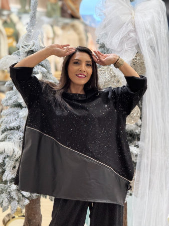 Bluze - Bluza dama neagra cu sclipici si detaliu asimetric din piele