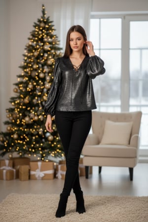 Bluze - Bluza dama neagra cu snur la gat