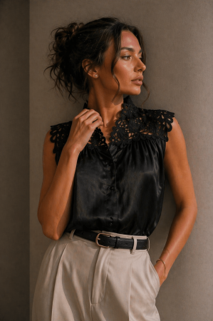 Tricouri si topuri - Bluza dama neagra din satin cu broderie florala