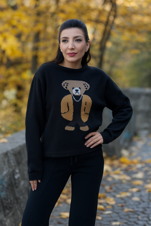 Bluze - Bluza dama neagra tricotata cu imprimeu ursulet