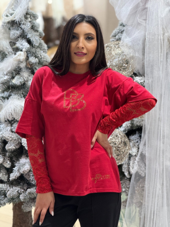 Bluza dama rosie din bumbac cu aplicatii pietricele si maneci din dantela [1]
