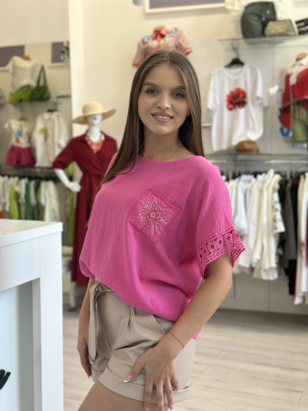 Bluza dama roz din bumbac cu margelute pe buzunar [2]