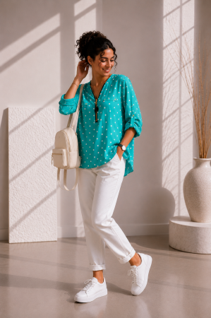 Bluze - Bluza dama turcoaz din vascoza cu buline albe