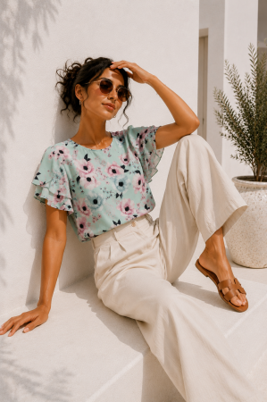 Tricouri si topuri - Bluza dama verde menta cu maneca scurta si imprimeu floral