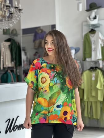 Promotii actuale - Bluza din vascoza cu maneca scurta multicolora pe fond verde