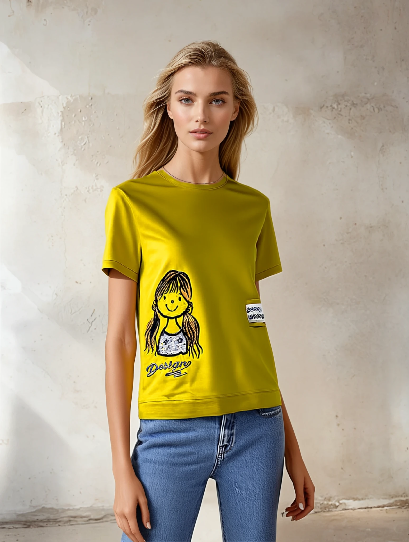Promotii actuale - Bluza mustarie cu maneca scurta si imprimeu fetita si buzunar