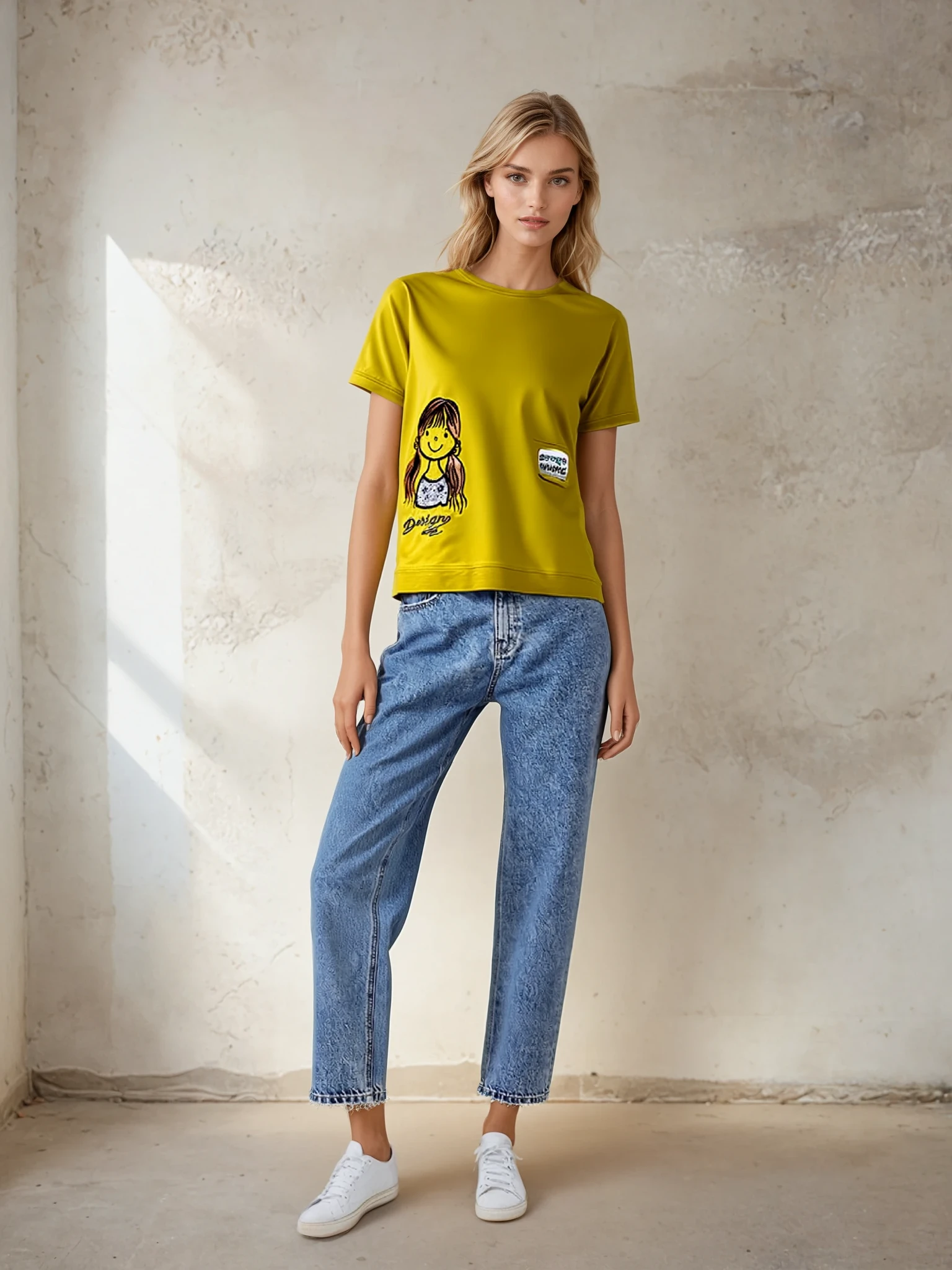 Bluza mustarie cu maneca scurta si imprimeu fetita si buzunar [1]