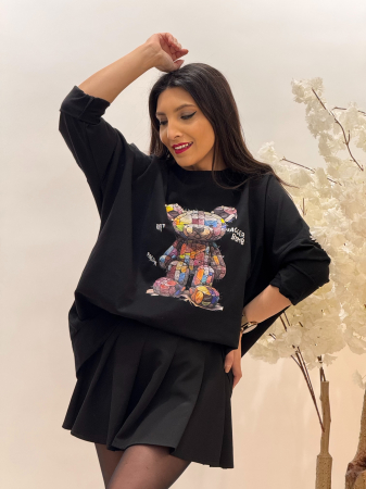 Imbracaminte dama - Haine cu suflet - Bluza neagra din bumbac asimetrica cu impimeu ursulet