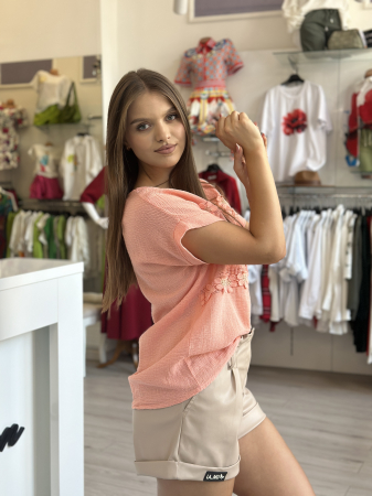 Bluza somon din bumbac cu floricele aplicate orizontal [2]