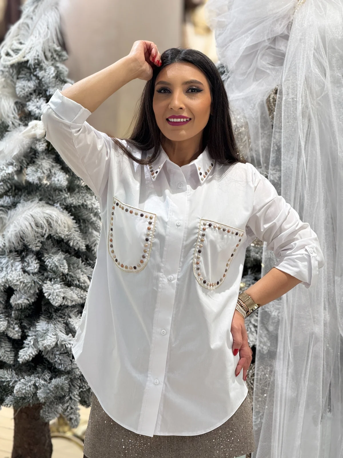 Camasi - Camasa alba din bumbac cu bilute multicolore brodate