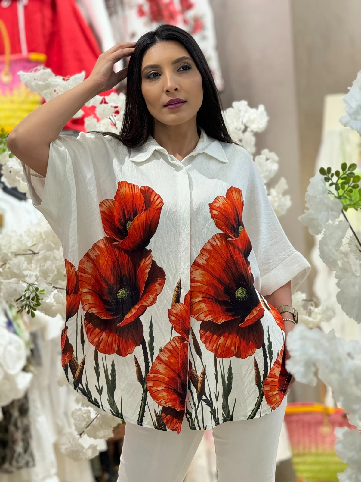 Camasa alba din vascoza cu imprimeu maci [1]