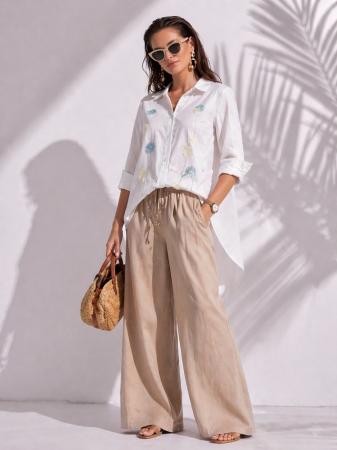 Camasi - Camasa dama alba asimetrica din bumbac cu flori brodate si pietricele