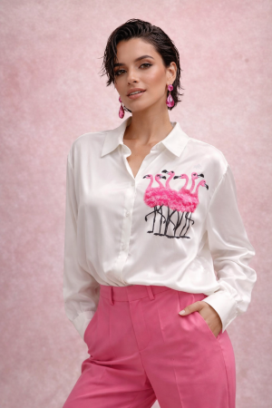 Camasi - Camasa dama alba cu flamingo