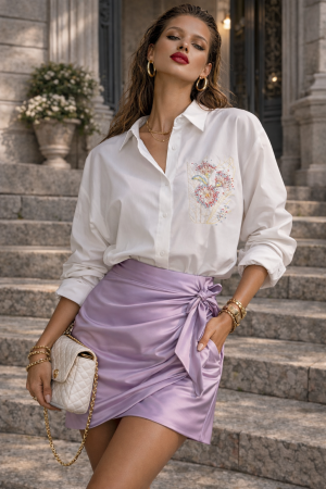 Camasi - Camasa dama alba din bumbac cu broderie papadie roz